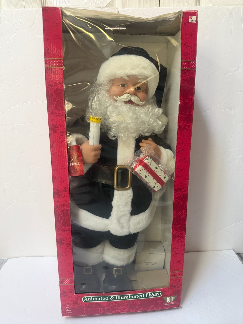 Vintage Animated & Illuminated Santa Figure 25” in Black and White